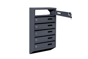 Mailboxes in the condo. metal mailbox with lockable center in condo. Mailbox on the white background isolated