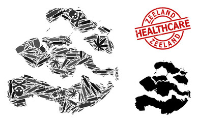 Fototapeta premium Vector addiction composition map of Zeeland Province. Scratched healthcare round red rubber imitation. Template for narcotic addiction and healthcare doctrines.