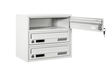 Mailboxes in the condo. metal mailbox with lockable center in condo. Mailbox on the white background isolated