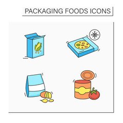 Packing foods color icons set. Breakfast cereals, frozen pizza, potatoes chips, tomato soup. Protection, tampering resistance from bacteria. Meal concept. Isolated vector illustrations