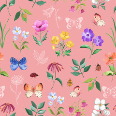 Watercolor illustration butterfly pattern with flowers seamless pattern 