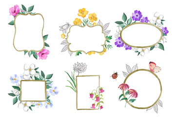 Watercolor botanical floral illustration frame templates for greeting cards and tags 