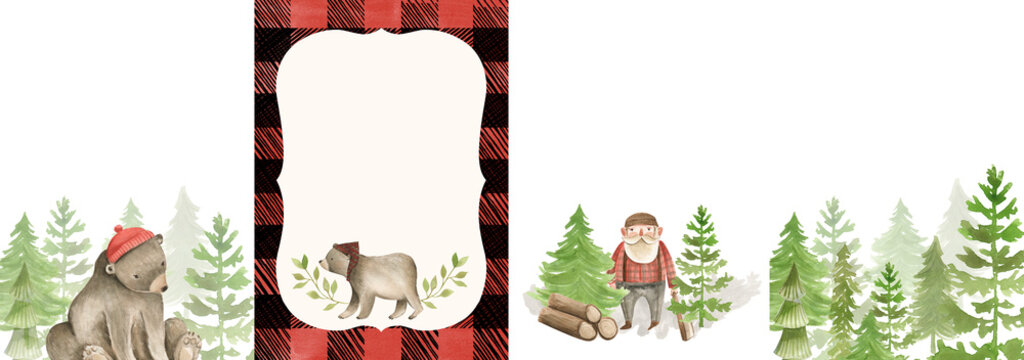 Lumberjack Watercolor In The Forest Illustration Bear Camping Invitation Frame Template 