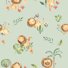 Watercolor baby lions in the jungle seamless pattern tile illustration 