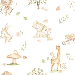 Tapeten Watercolor woodland baby animals spring pastel color seamless pattern for nursery  © Bianca