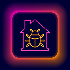 Glowing neon line House system bug concept icon isolated on black background. Code bug concept. Bug in the system. Bug searching. Colorful outline concept. Vector