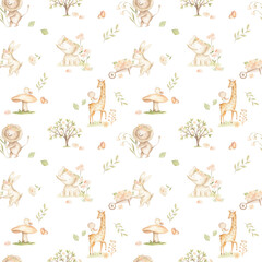 Watercolor woodland baby animals spring pastel color pattern for nursery 