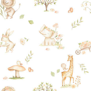 Watercolor woodland baby animals spring pastel color seamless pattern for nursery 