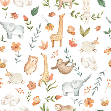 Watercolor baby animals for nursery  seamless pattern white 