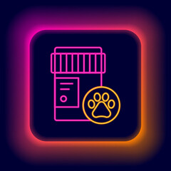 Glowing neon line Dog medicine bottle icon isolated on black background. Container with pills. Prescription medicine for animal. Colorful outline concept. Vector