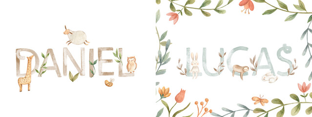 Watercolor alphabet baby names for nursery with cute animals illustration 