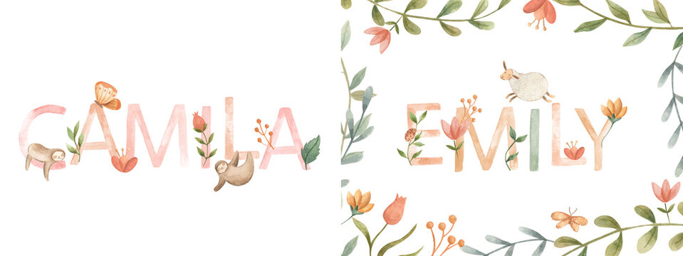 Watercolor alphabet baby names for nursery with cute animals illustration 