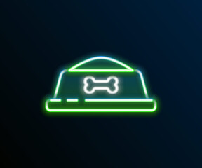 Glowing neon line Pet food bowl for cat or dog icon isolated on black background. Dog bone sign. Colorful outline concept. Vector