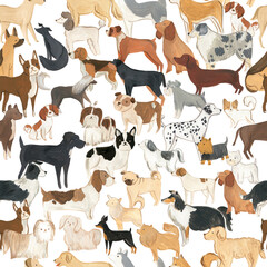 Dogs illustration seamless pattern tile with cute animals watercolor pets
