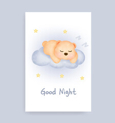 Baby shower card with cute teddy bear on the moon