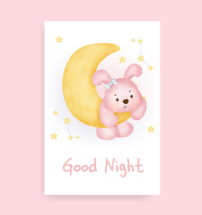 Baby shower card with cute rabbit on the moon