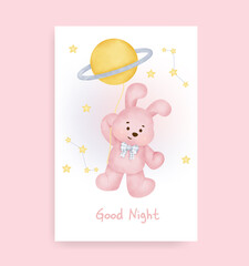 Fototapeta na wymiar Baby shower card with cute rabbit on the moon