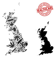 Vector narcotic mosaic map of Great Britain. Rubber health care round red seal stamp. Template for narcotic addiction and health care purposes. Map of Great Britain is organized of injection needles,