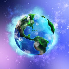 Planet Earth with purple and blue background 
