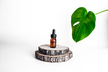 Essential oil in dropper bottle, natural wood cross section trays and green Monstera leaf on white background.