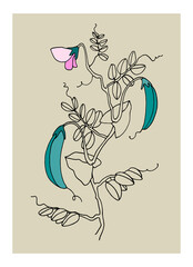Naklejka premium Home decor printable line art. Hand drawn vector illustrations of pea plant with pods and flowers on gray background. Contemporary design for prints, posters, cards, textile