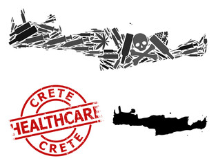 Vector addiction mosaic map of Crete Island. Grunge health care round red badge. Concept for narcotic addiction and health care applications. Map of Crete Island is made of inoculation syringes,