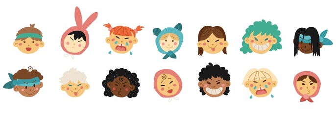 Hand drawn kids faces in line art style, modern minimalism art, bundle of smiling faces of boys and girls with different hairstyles, skin colors and ethnicities