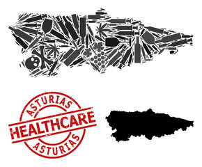 Vector drugs composition map of Asturias Province. Grunge health care round red stamp. Concept for narcotic addiction and health care purposes.