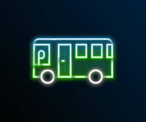 Glowing neon line Bus icon isolated on black background. Transportation concept. Bus tour transport sign. Tourism or public vehicle symbol. Colorful outline concept. Vector