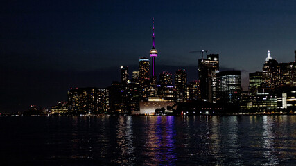 Skyline of the city at night with lights.