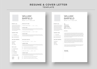 Resume and Cover Letter, Minimalist resume cv template, Cv professional jobs resumes - obrazy, fototapety, plakaty