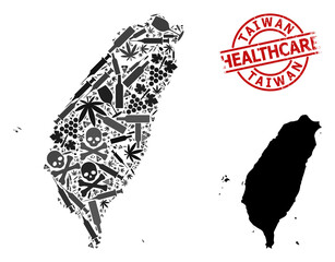 Vector narcotic collage map of Taiwan. Rubber healthcare round red watermark. Template for narcotic addiction and healthcare purposes. Map of Taiwan is formed of inoculation needles, danger, dose,
