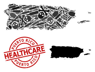 Vector addiction collage map of Puerto Rico. Scratched health care round red badge. Concept for narcotic addiction and health care agitation. Map of Puerto Rico is shaped from inoculation needles,