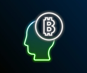 Glowing neon line Bitcoin think icon isolated on black background. Cryptocurrency head. Blockchain technology, digital money market, cryptocoin wallet. Colorful outline concept. Vector