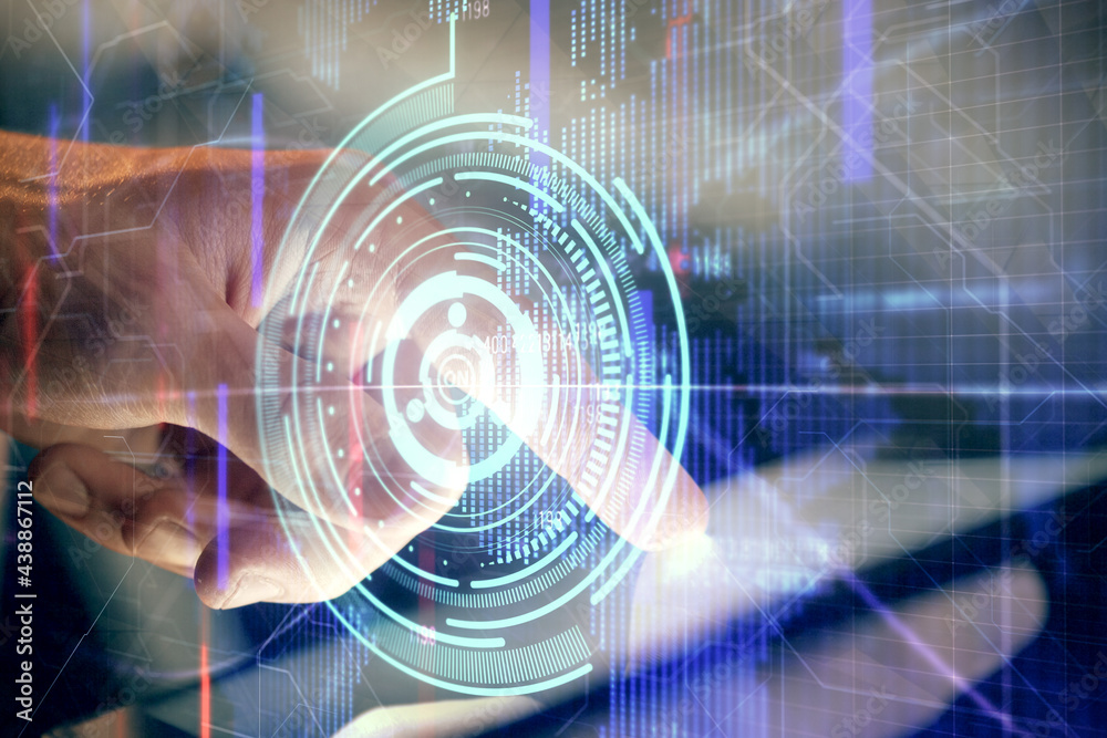 Aufkleber Multi exposure of man's hand holding and using a digital device and data theme drawing. Innovation concept.