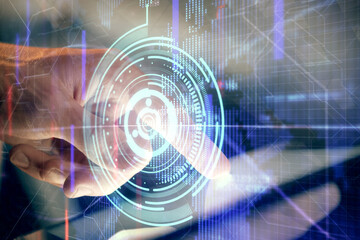 Multi exposure of man's hand holding and using a digital device and data theme drawing. Innovation concept.