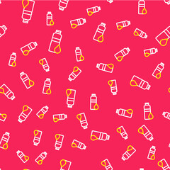 Line Fitness shaker icon isolated seamless pattern on red background. Sports shaker bottle with lid for water and protein cocktails. Vector