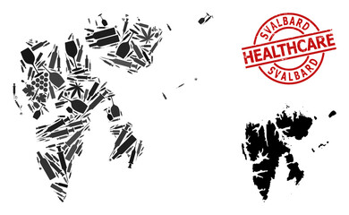 Vector narcotic composition map of Svalbard Islands. Rubber health care round red rubber imitation. Concept for narcotic addiction and health care agitation.