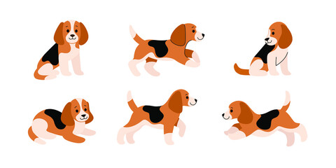 Beagle icon set. Different type of  beagle dog. Vector illustration for prints, clothing, packaging, stickers.
