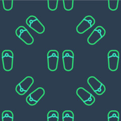 Line Flip flops icon isolated seamless pattern on blue background. Beach slippers sign. Vector