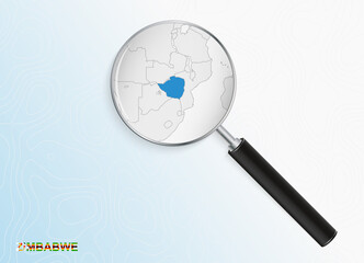 Magnifier with map of Zimbabwe on abstract topographic background.