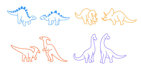 Cartoon animal characters. Set of dinosaurs - ceratops, parasaurolophus, brachiosaurus,  stegosaurus.