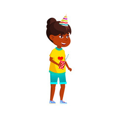 happy african girl wearing festive hat and holding cup with milk cocktail celebrate birthday cartoon vector. happy african girl wearing festive hat and holding cup with milk cocktail celebrate