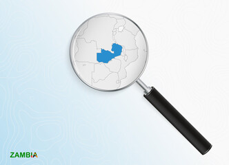 Magnifier with map of Zambia on abstract topographic background.
