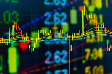 Stock market data on digital LED display. A daily market price and quotation of prices chart and candle stick tracking for Forex trading. Financial data on the digital screen as concept.