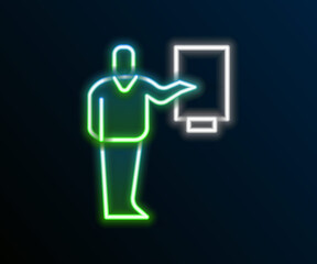 Glowing neon line Museum guide icon isolated on black background. Colorful outline concept. Vector