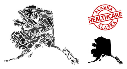 Vector addiction composition map of Alaska State. Scratched health care round red badge. Template for narcotic addiction and health care posters.