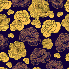 Seamless floral hand drawn detailed pattern, bouquet of flowers. Beautiful vector illustration texture with yellow and pink roses on dark background. Rose print