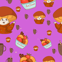 Cute pattern with elf character and ice cream.