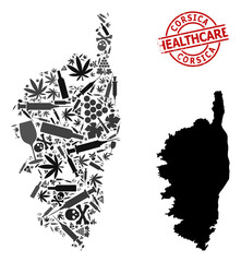 Vector drugs composition map of Corsica. Grunge health care round red seal. Template for narcotic addiction and health care proclamations. Map of Corsica is constructed with inoculation syringes,
